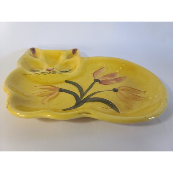 Los Angeles Potteries California Hand Painted Yellow Cat Dish 83-C-7.25”x6” - Picture 3 of 5